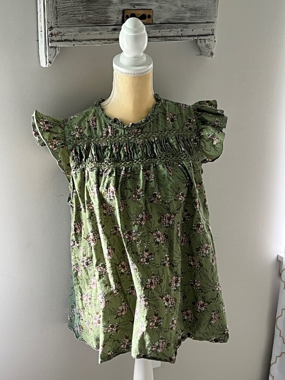 Green Floral Ruffled Cap Sleeve Top